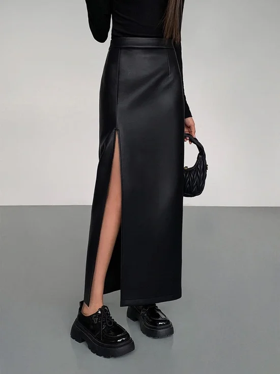Commense Side Split PU Leather Midi Skirt - Picture 3 of 8